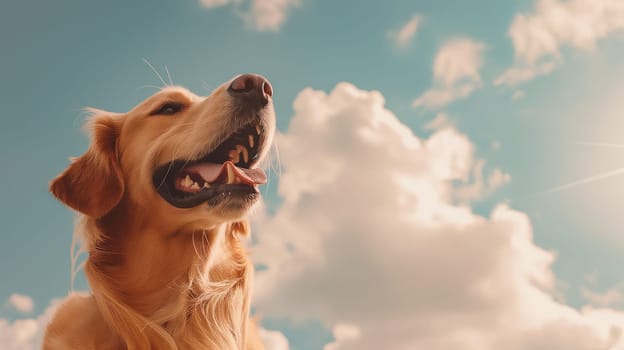 Happy golden retriever dog smiling under bright sky outdoors with fluffy clouds in sunlight