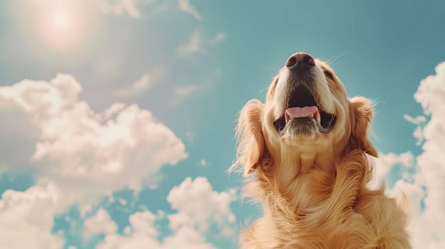 Happy golden retriever dog in the bright outdoors, smiling under a blue sky with clouds and sunlight