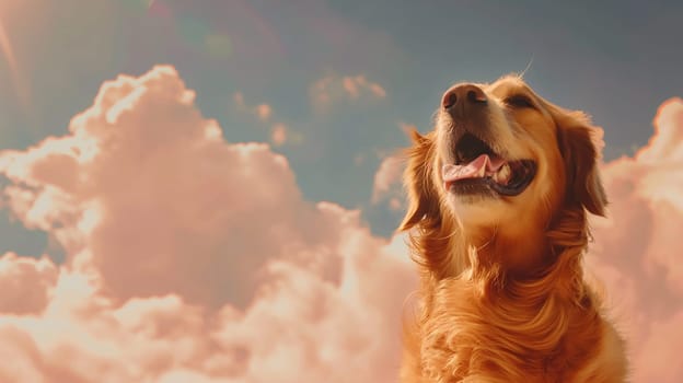 Happy golden retriever dog smiling under the sky with clouds in the sunlight portrait outdoors