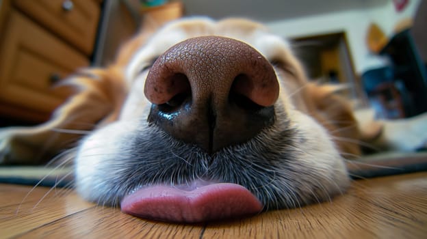 Adorable closeup of a sleeping cute puppy with a furry nose and tongue out, capturing a relaxed pet