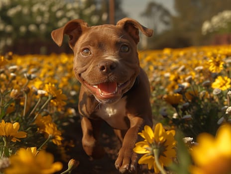 Cute brown puppy with a big smile running through a flower field on a sunny day