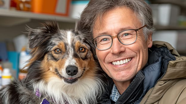 Happy mature man with glasses and gray beard smiling indoors with his friendly pet dog