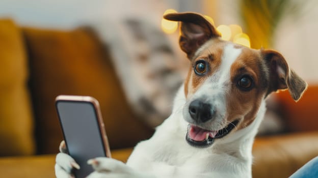 Happy Jack Russell Terrier dog using smartphone at home, adorable pet playing with technology