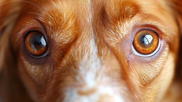 Close-up of a dog's brown eyes with a detailed gaze and fur, focusing on a pet's face