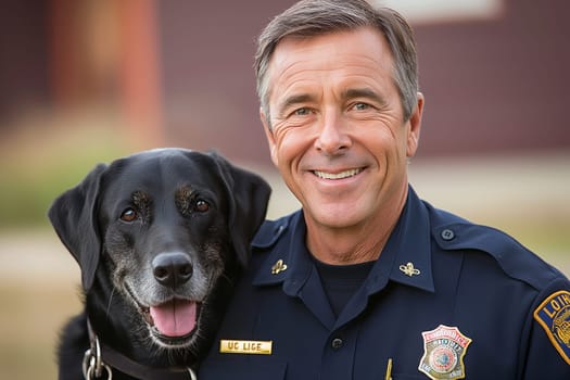 Firefighter in uniform with a smiling dog, showing badge, safety and professional rescue companion