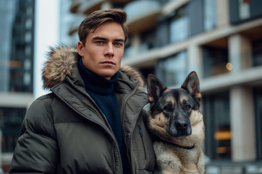 Man in winter jacket with fur standing in city with dog, showcasing companionship and urban fashion