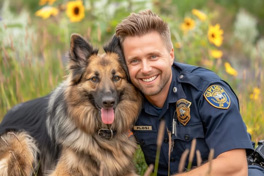 Police officer in uniform smiling with loyal shepherd dog in sunny meadow with flowers