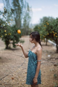 Side view of woman in dress juggling orange fruit in orchard with trees in background under clear sky.