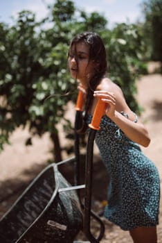 A young woman in a blue dress is in a garden pushing a wheelbarrow on a sunny day, symbolizing gardening