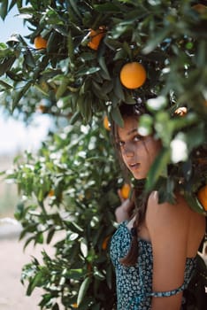 A young woman with braided hair smiling, surrounded by orange trees in a sunny orchard, enjoying natures beauty