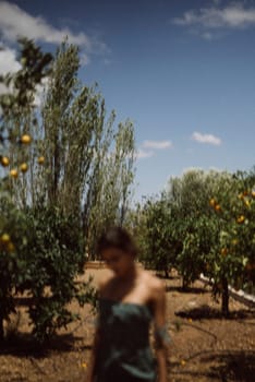 A serene woman is depicted in an orchard, encircled by blooming trees, in a scene painted under a clear blue sky