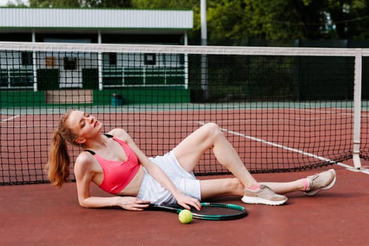 girl playing tennis on the court, tennis training, tennis tournament, happy tennis player