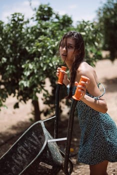 A young woman enjoying gardening with a wheelbarrow, surrounded by lush trees, under the summer sun.