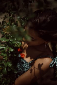 Artistic portrayal of a serene woman surrounded by greenery, capturing her natural beauty and ethereal essence