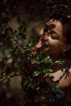 A woman blends with nature, joyfully licking a flower, embodying a carefree connection with the environment