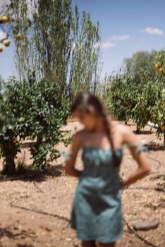 In the sunny daylight, a woman with a braid poses in a green dress in an orchard full of fruit trees in the countryside