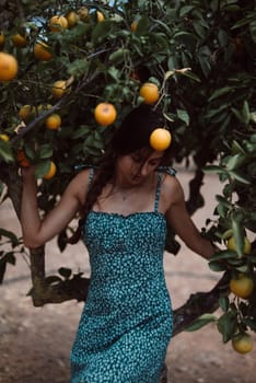 A woman in a blue summer dress surrounded by ripe fruits on an orange orchard, creating a serene and pastoral scene