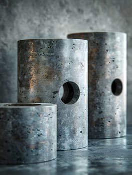 Three metal cylinders with holes in them are stacked on top of each other on a wood table, creating a grey fixture. The composite material creates a unique contrast with the concrete circle base