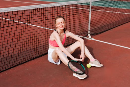 girl playing tennis on the court, tennis training, tennis tournament, happy tennis player
