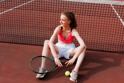 girl playing tennis on the court, tennis training, tennis tournament, happy tennis player