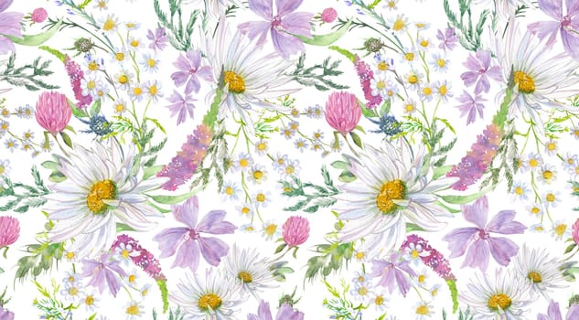 Summer seamless pattern with daisy clover flowers and other wildflowers drawn