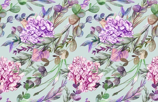 Summer pattern with hydrangea flowers drawn in pencil and watercolor for textiles and design