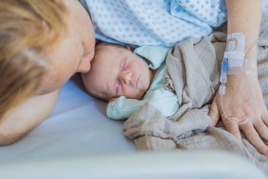 A baby lies with the mother after childbirth, resting peacefully. The serene moment captures the bond between mother and child as they begin their journey together. The hospital environment ensures a safe and comforting space for this intimate interaction.