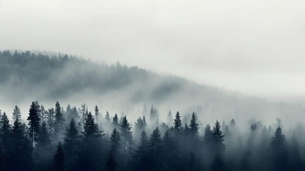 A serene, silhouetted forest shrouded in mist, with layers of trees fading into the distance under the soft morning light - Generative AI