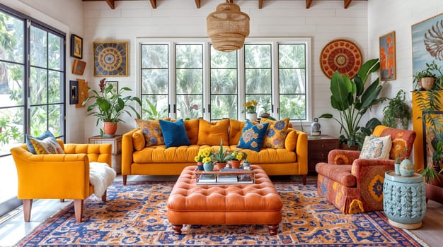 A colorful and eclectic bohemian style living room features a mustard yellow sectional sofa, patterned throw pillows, a large tufted leather ottoman, and an array of decorative plants - Generative AI