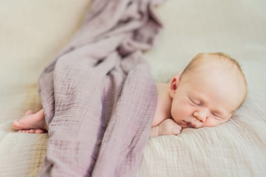 The baby is sleeping peacefully in his cozy nest. Newborn photo session captures the serene innocence and warmth of early moments.