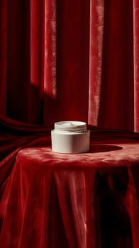 The interior design of the room includes a white jar on a wood table with a magenta tablecloth, set against a carmine curtain. The tints and shades create a vibrant atmosphere for the event