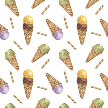 Ice cream scoops in the waffle cone seamless pattern. Lemon, chocolate, lavender, matcha flavors treat clipart Dessert watercolor print for textile, wallpaper, napkin, ice cream parlor design, covers