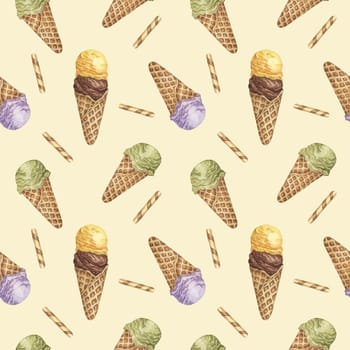 Retro 50ies style ice cream waffle cones seamless pattern. Pastel colors Watercolor clipart of yellow, chocolate, green and lavender scoops. Design for textile, scrapbooking, clothes, wrapping paper