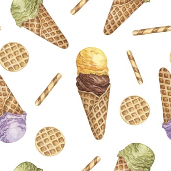 Ice cream scoops in the waffle cone seamless pattern. Lemon, chocolate, lavender, matcha flavors treat clipart Dessert watercolor print for textile, wallpaper, napkin, ice cream parlor design, covers