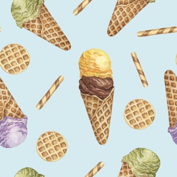 Retro 50ies style ice cream waffle cones seamless pattern. Pastel colors Watercolor clipart of yellow, chocolate, green and lavender scoops. Design for textile, scrapbooking, clothes, wrapping paper