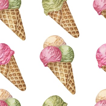 Ice cream scoops in the waffle cone seamless pattern. Vanilla, berry, pistachio or matcha flavors treat clipart Dessert watercolor print for textile, wallpaper, napkin, ice cream parlor design, covers