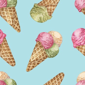 Ice cream scoops in the waffle cone seamless pattern. Vanilla, berry, pistachio or matcha flavors treat clipart Dessert watercolor print for textile, wallpaper, napkin, ice cream parlor design, covers