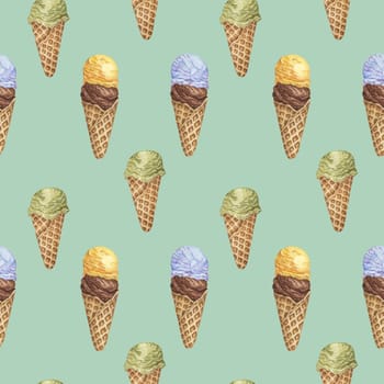 Colorful ice cream seamless pattern. Bubblegum, chocolate, banana, lemon, pistachio or matcha flavors in retro style. Watercolor clipart for printing, textile, apparel, wrapping paper, scrapbooking