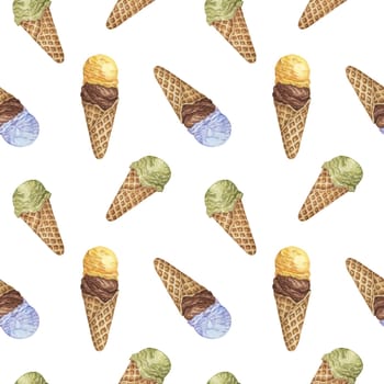 Colorful ice cream seamless pattern. Bubblegum, chocolate, banana, lemon, pistachio or matcha flavors in retro style. Watercolor clipart for printing, textile, apparel, wrapping paper, scrapbooking