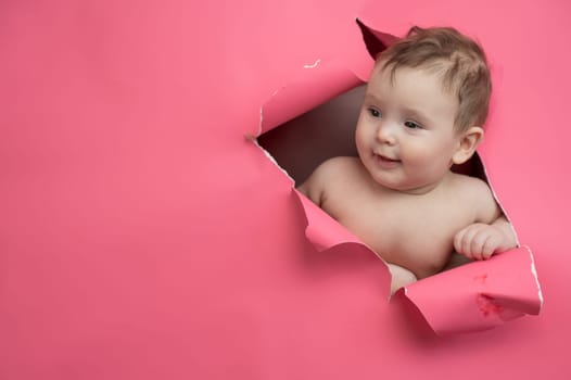 Cute Caucasian newborn baby boy peeks out of a hole in a paper pink background