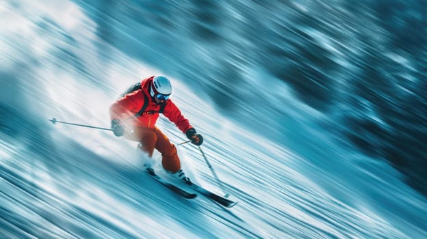 Long exposure shot of a skier racing downhill with motion blur, High speed and excitement.