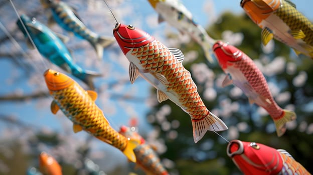 A variety of colorful fish, including electric blue and red ones, are hanging underwater from a submerged tree, showcasing marine biology in a unique way