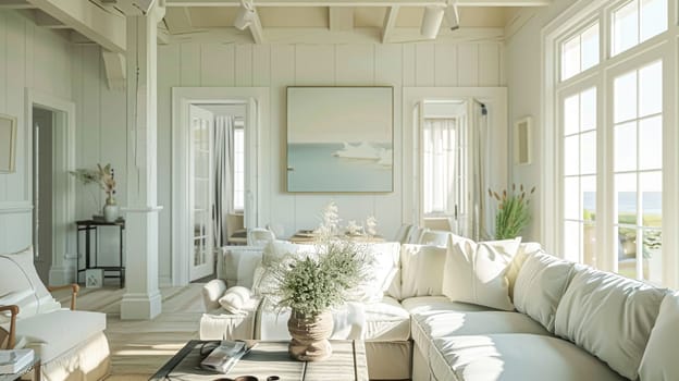 Interior of a living room with white walls, sofa and cushions. Sitting room in coastal cottage with sea view. Luxury lounge room