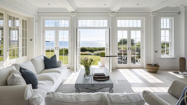 Interior of a living room with white walls, sofa and cushions. Sitting room in coastal cottage with sea view. Luxury lounge room