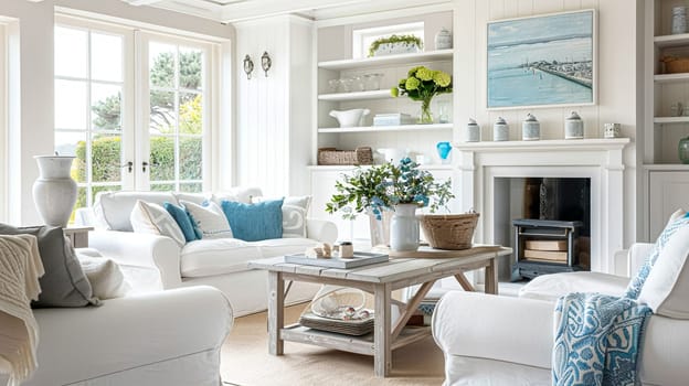 Interior of a living room with white walls, sofa and cushions. Sitting room in coastal cottage with sea view. Luxury lounge room