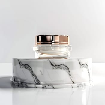 Face cream in a glass jar on a white and gold background. Skin care concept. Backdrop for beauty cosmetic products