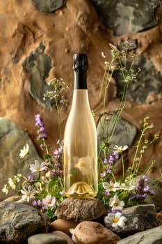 A close-up image of a bottle of sparkling wine resting on rocks with wildflowers growing around it.