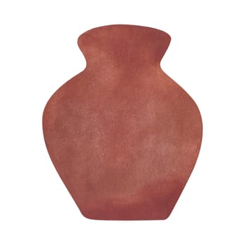 Large interior ceramic flower pot made of reddish fired clay. Amphora or jug. Home stuff. Isolated watercolor illustration on white background. Clipart