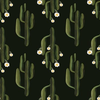 Blooming saguaro cactus. Seamless watercolor pattern for wrapping paper, wallpaper and textiles