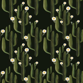 Blooming saguaro cactus. Seamless watercolor pattern for wrapping paper, wallpaper and textiles